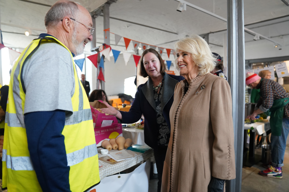 Queen Camilla with Food Hub volunteer Michael Carding