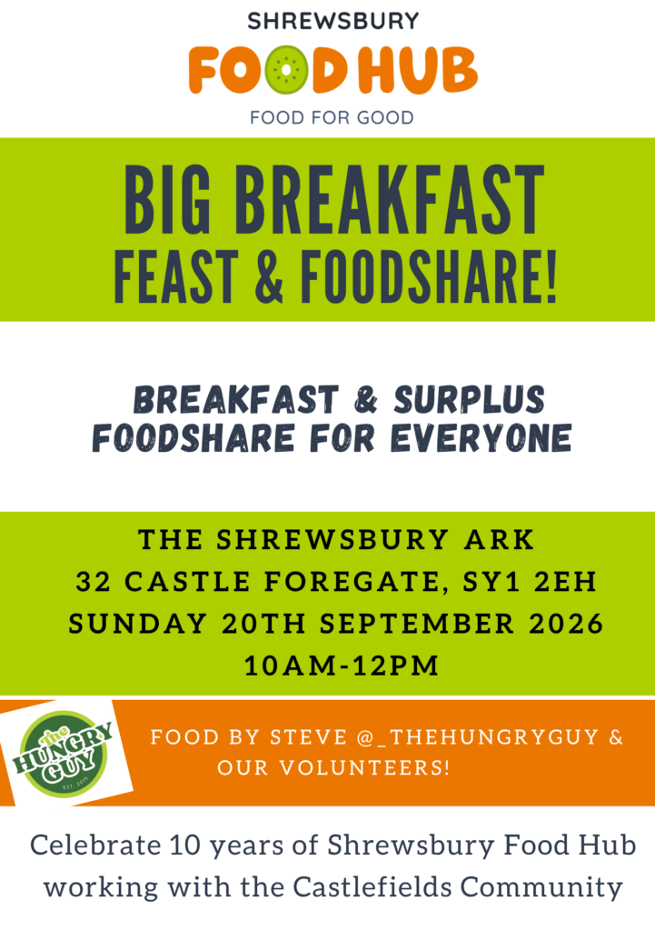 A cooked community breakfast made with surplus food at the Shrewsbury Ark, with people enjoying food together in a welcoming atmosphere. The event highlights food sharing, reducing food waste, and supporting the local community.